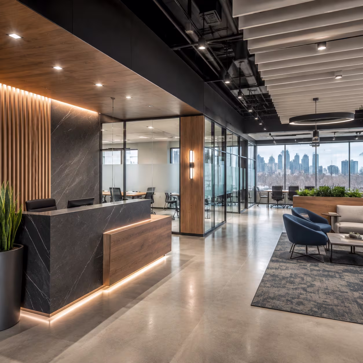 Renovated Calgary office reception and meeting space with city views